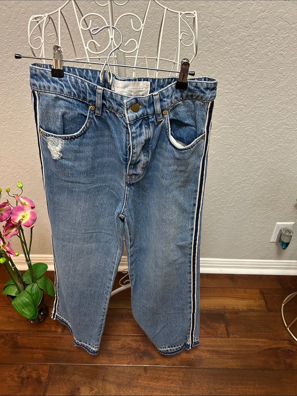 Victoria Beckham Light Blue Cropped Jeans with Navy & White Side Stripe
